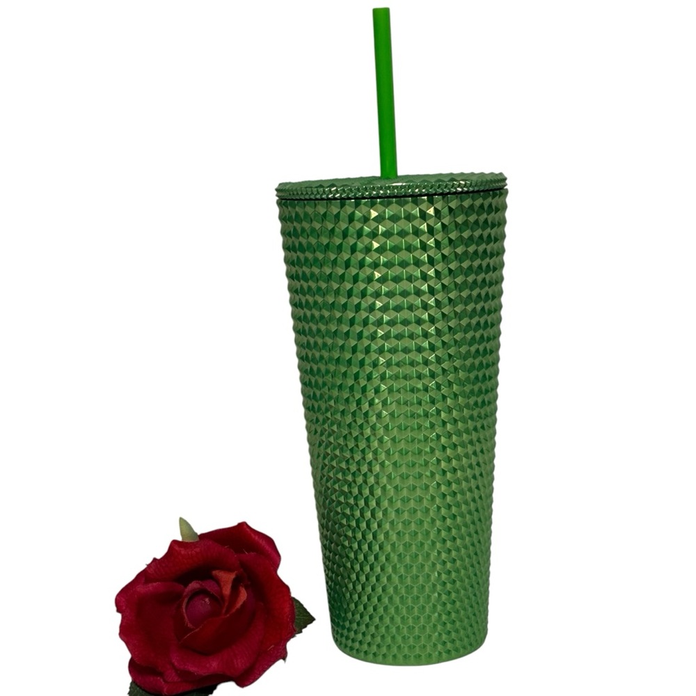 Modern expressions monogram studded neon green  Tumbler with straw screw top NEW